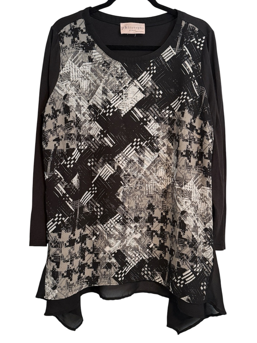 Philosophy Semi-Sheer Shark Bite Hemline Mixed Media Blouse (see measurements)